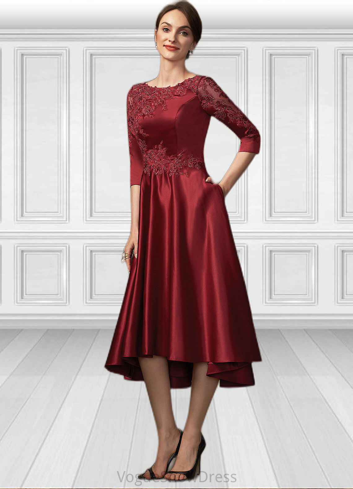 Jenny A-Line Scoop Neck Asymmetrical Satin Lace Mother of the Bride Dress With Sequins Pockets DL126P0014962