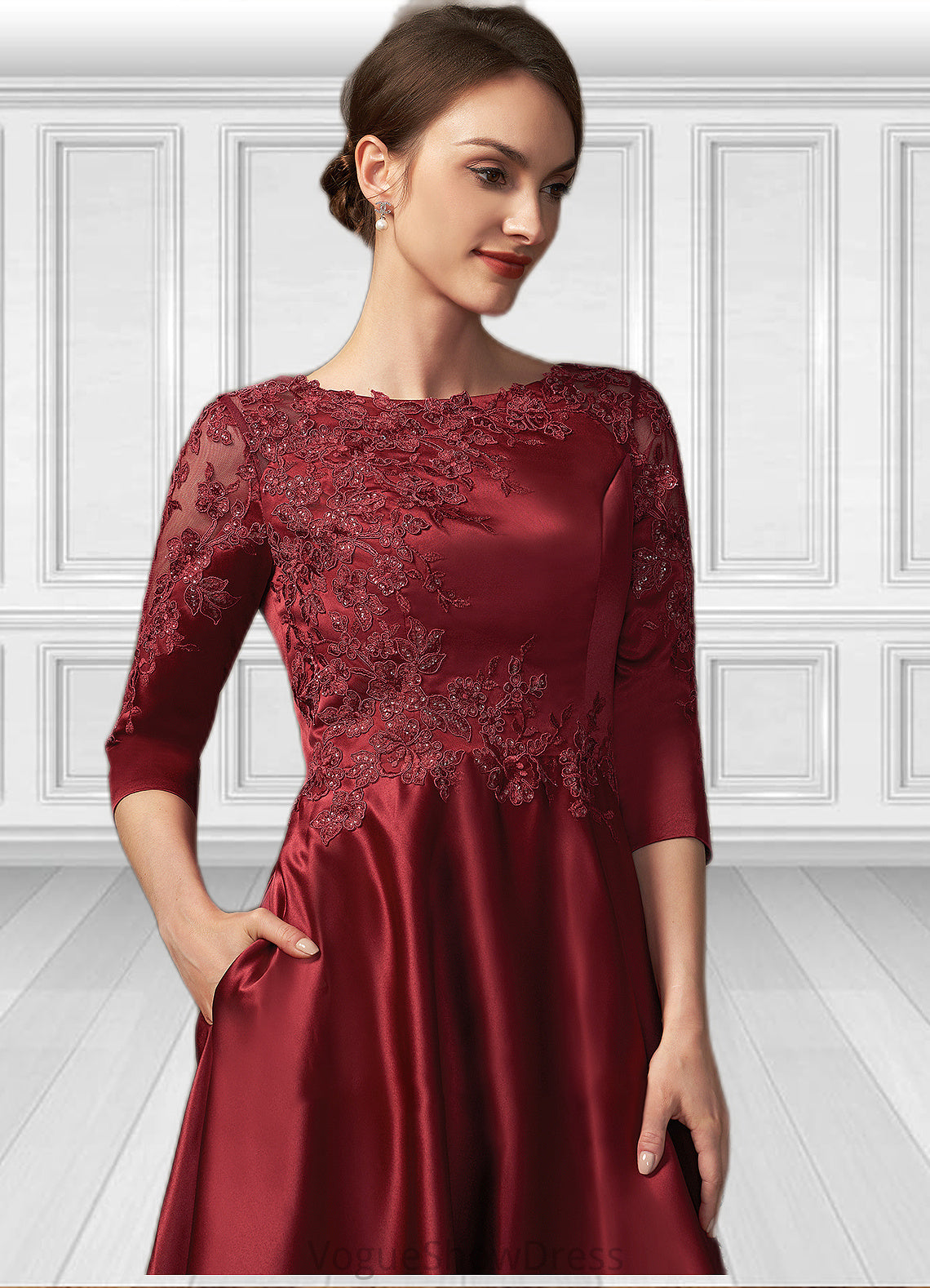 Jenny A-Line Scoop Neck Asymmetrical Satin Lace Mother of the Bride Dress With Sequins Pockets DL126P0014962