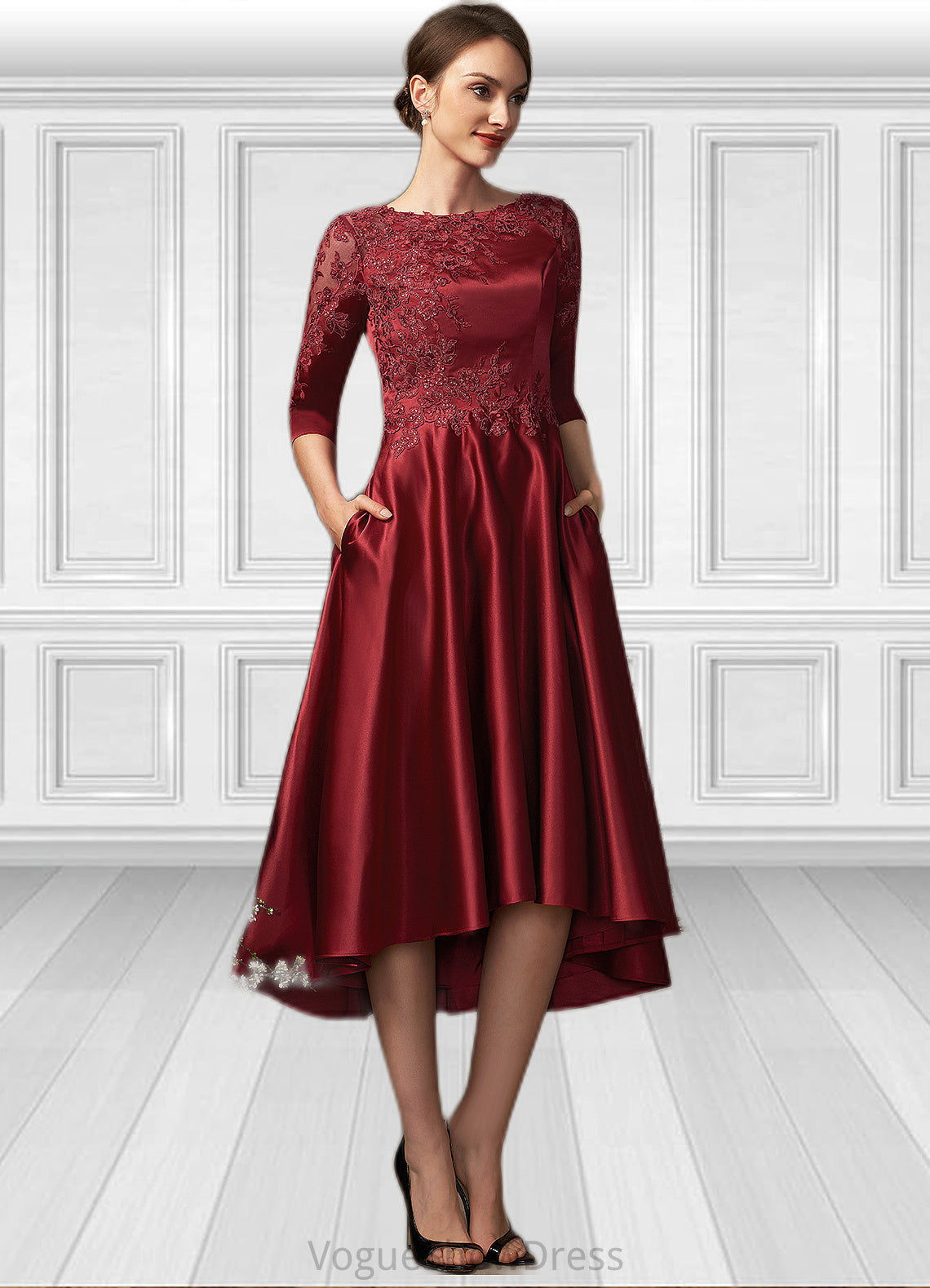 Jenny A-Line Scoop Neck Asymmetrical Satin Lace Mother of the Bride Dress With Sequins Pockets DL126P0014962