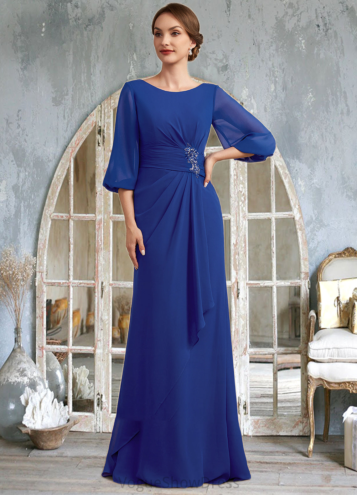 Tess A-Line Scoop Neck Floor-Length Chiffon Mother of the Bride Dress With Ruffle Beading DL126P0014963