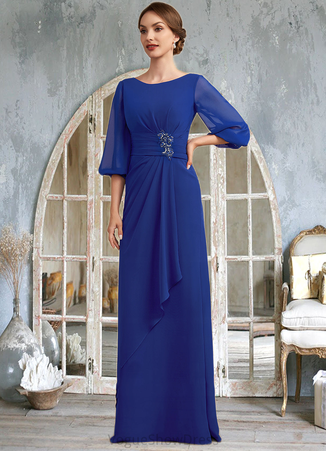 Tess A-Line Scoop Neck Floor-Length Chiffon Mother of the Bride Dress With Ruffle Beading DL126P0014963