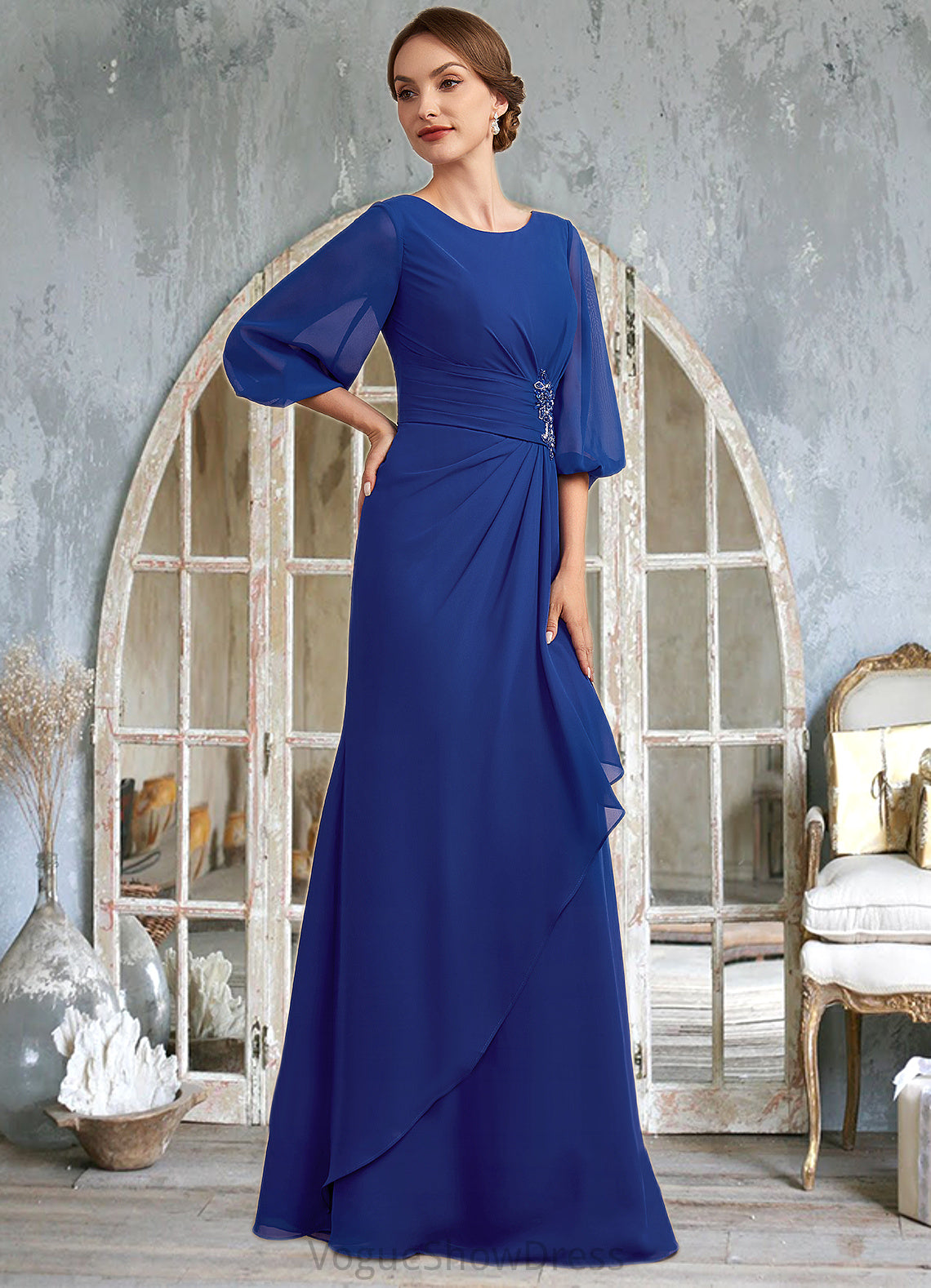 Tess A-Line Scoop Neck Floor-Length Chiffon Mother of the Bride Dress With Ruffle Beading DL126P0014963