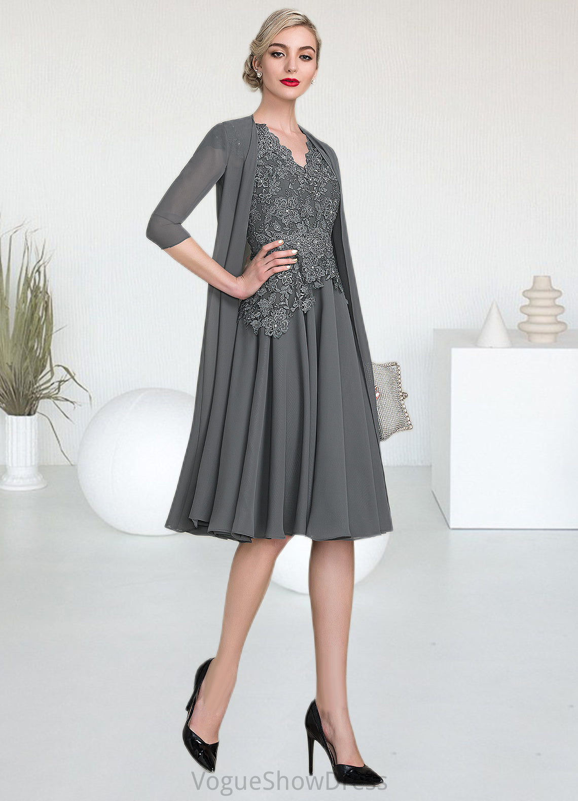 Karma A-Line V-neck Knee-Length Mother of the Bride Dress With Beading DL126P0014965