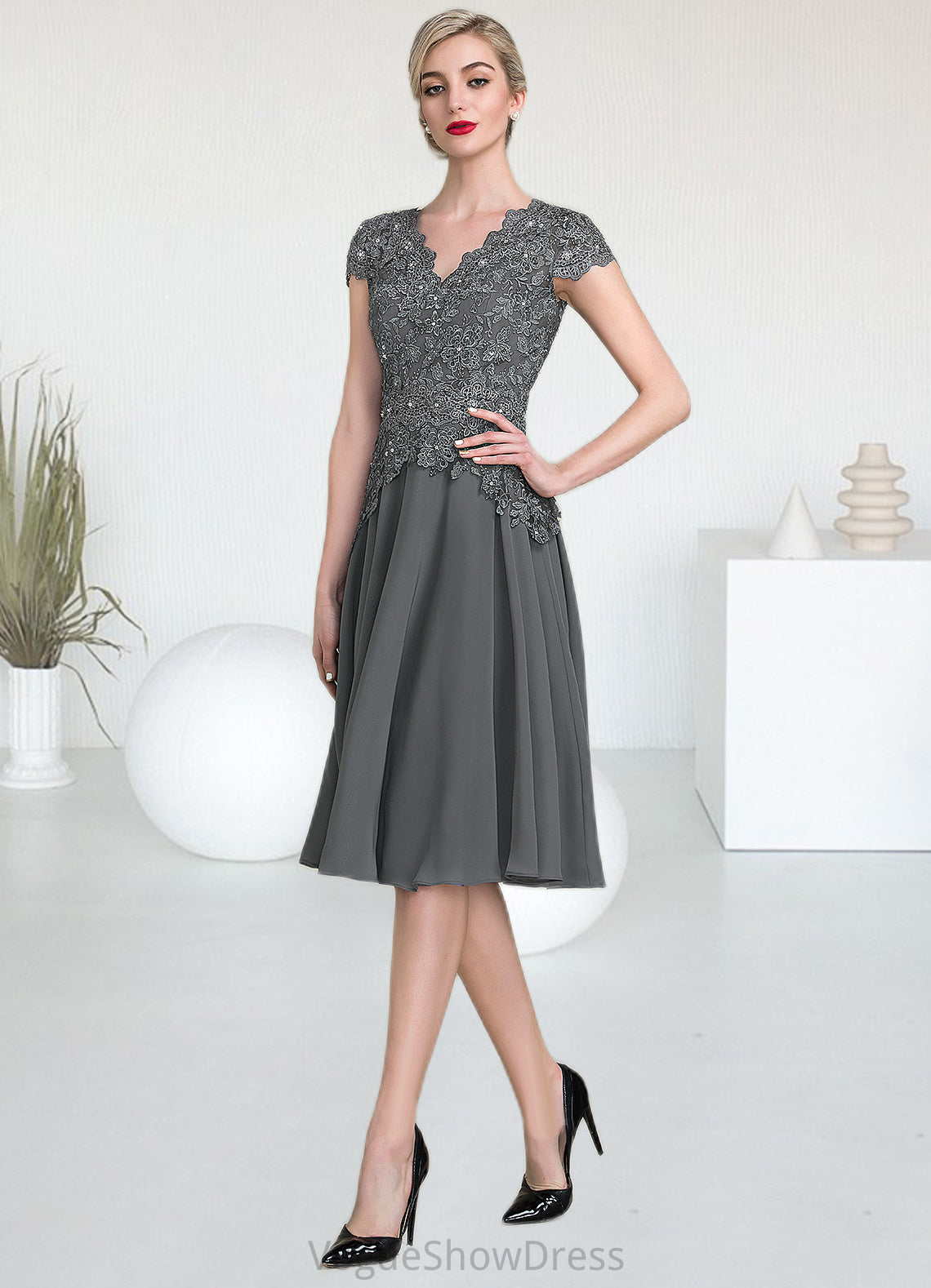 Karma A-Line V-neck Knee-Length Mother of the Bride Dress With Beading DL126P0014965