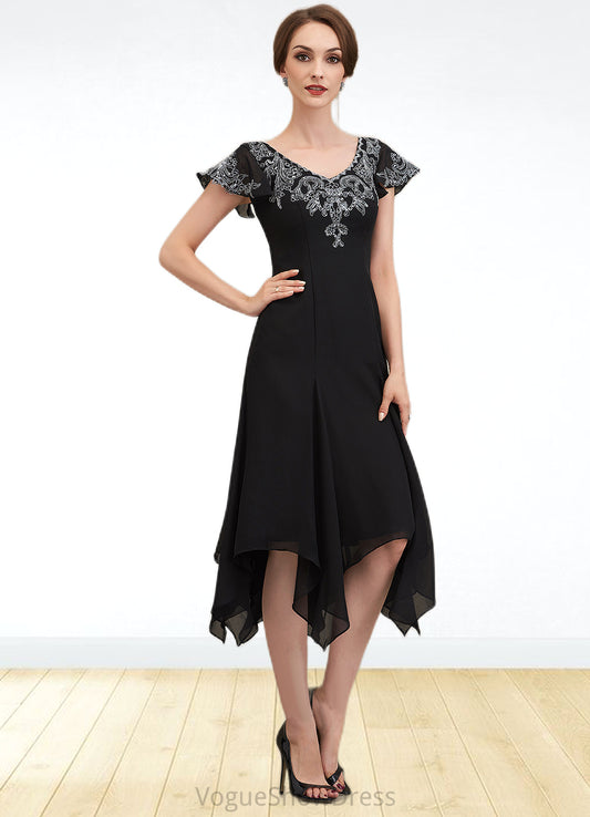 Simone A-Line V-neck Tea-Length Chiffon Lace Mother of the Bride Dress With Sequins DL126P0014967