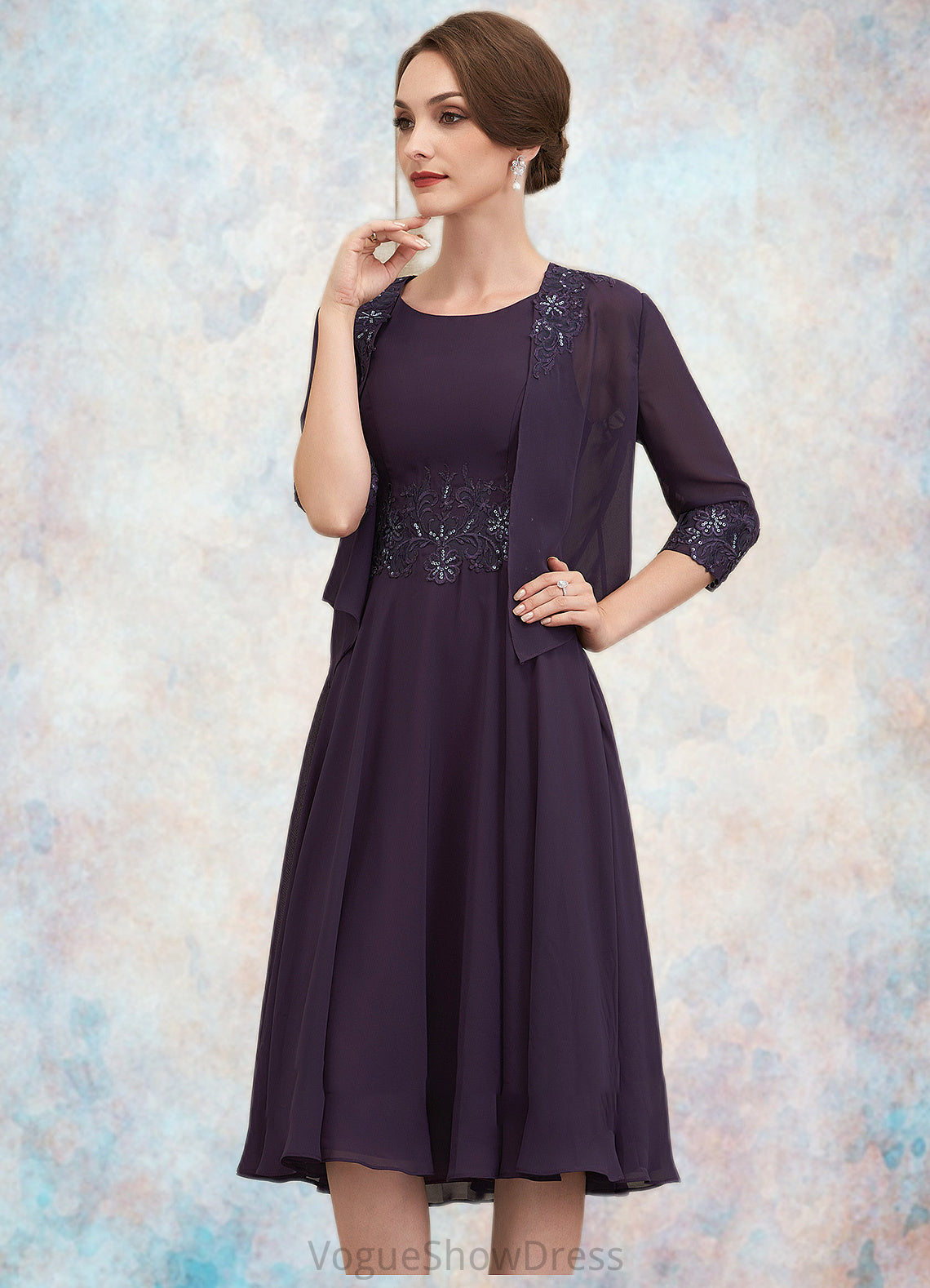 Salma A-Line Scoop Neck Knee-Length Chiffon Lace Mother of the Bride Dress With Sequins DL126P0014968