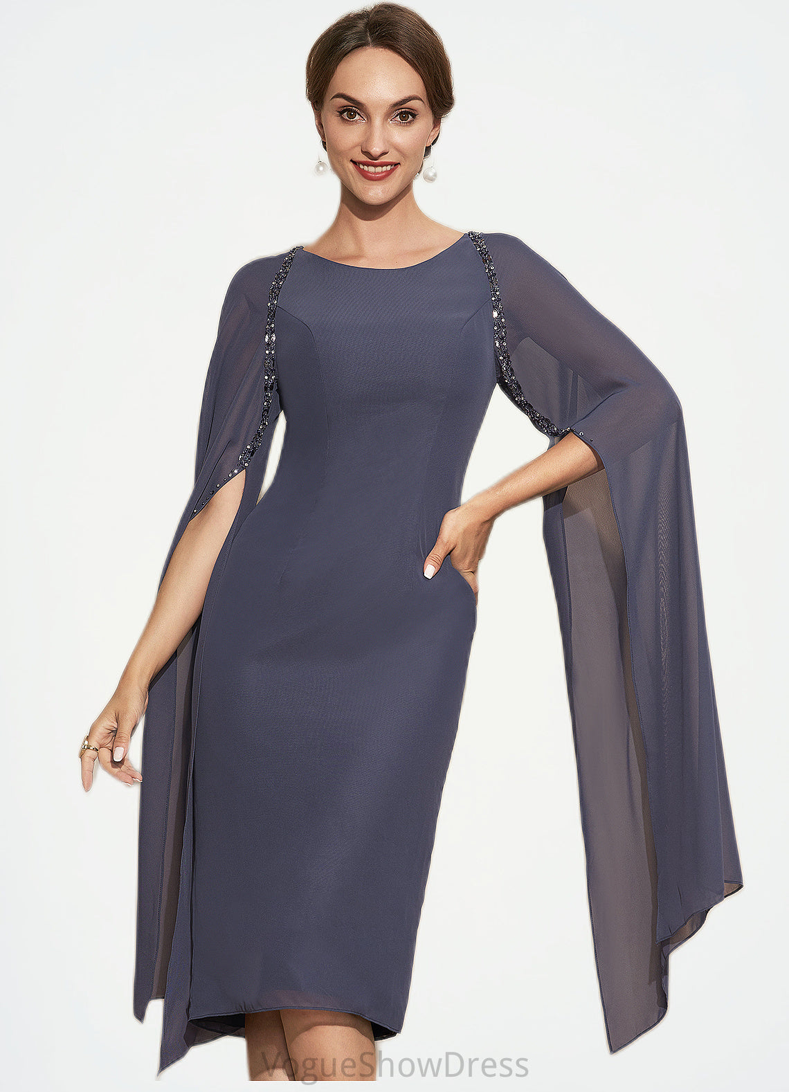 Madilynn Sheath/Column Scoop Neck Knee-Length Chiffon Mother of the Bride Dress With Beading DL126P0014969