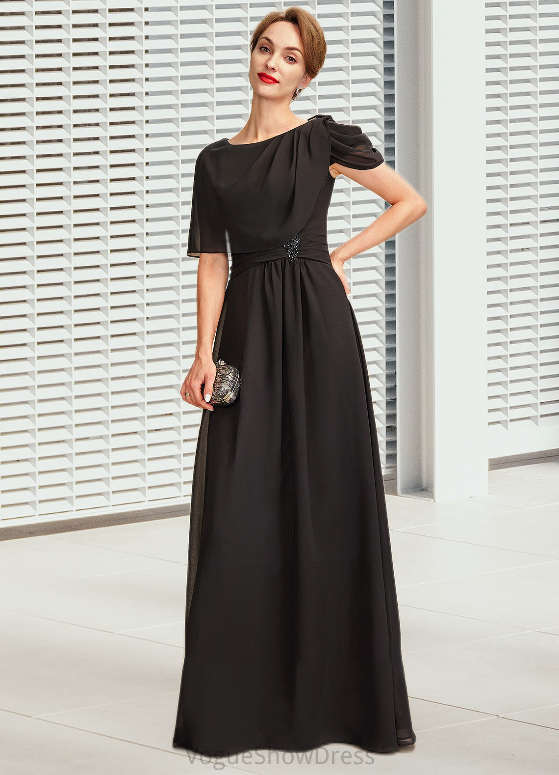 Larissa A-Line Scoop Neck Floor-Length Chiffon Mother of the Bride Dress With Ruffle Beading DL126P0014970