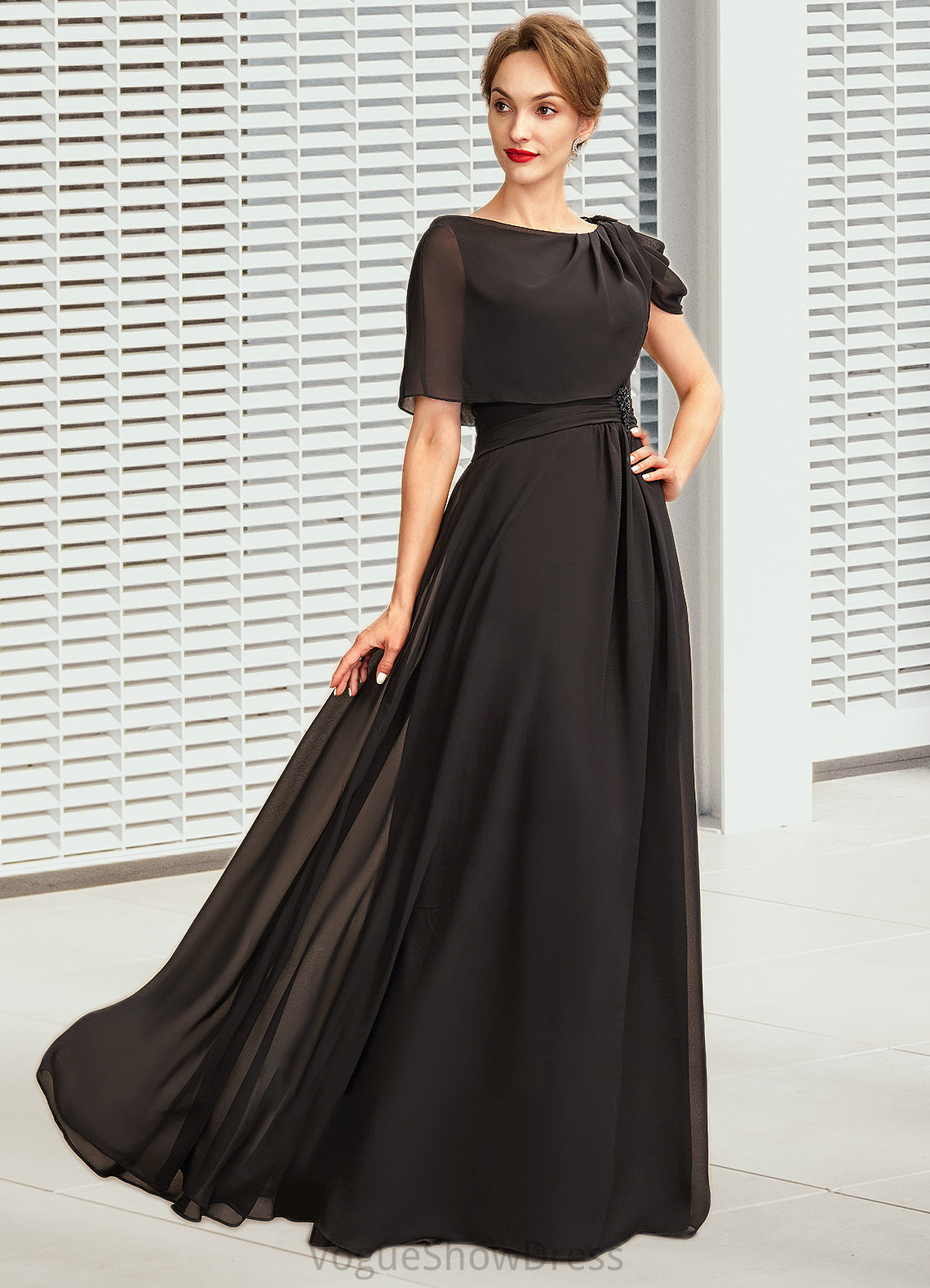 Larissa A-Line Scoop Neck Floor-Length Chiffon Mother of the Bride Dress With Ruffle Beading DL126P0014970