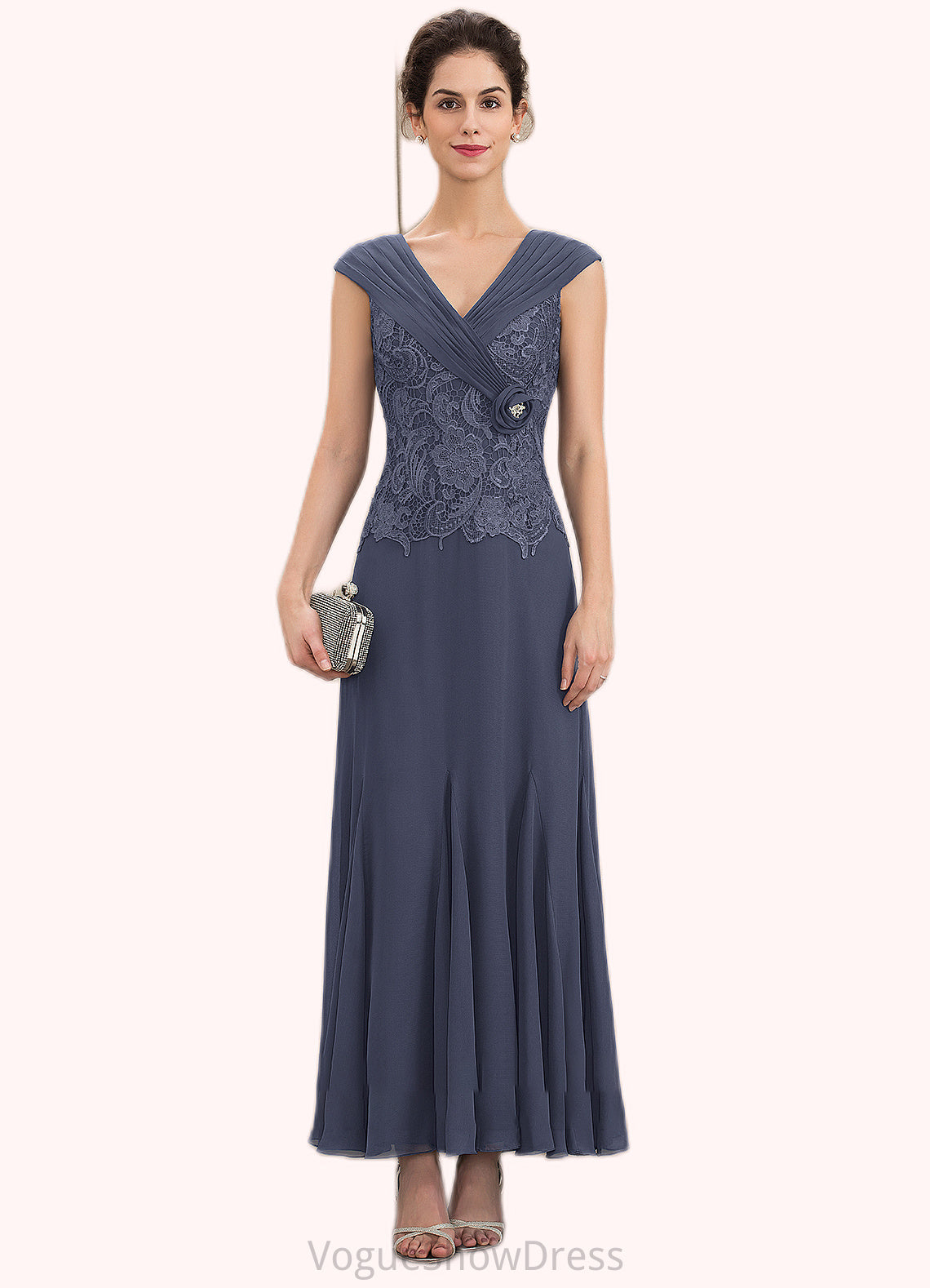 Hanna A-Line V-neck Ankle-Length Chiffon Lace Mother of the Bride Dress With Ruffle Beading DL126P0014971