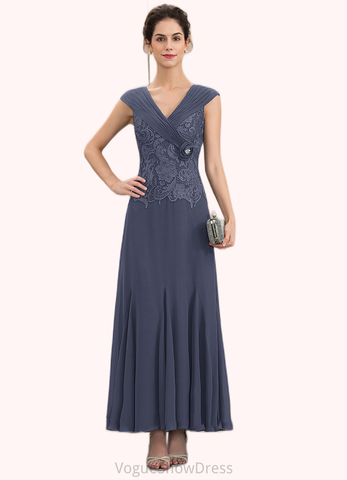 Hanna A-Line V-neck Ankle-Length Chiffon Lace Mother of the Bride Dress With Ruffle Beading DL126P0014971