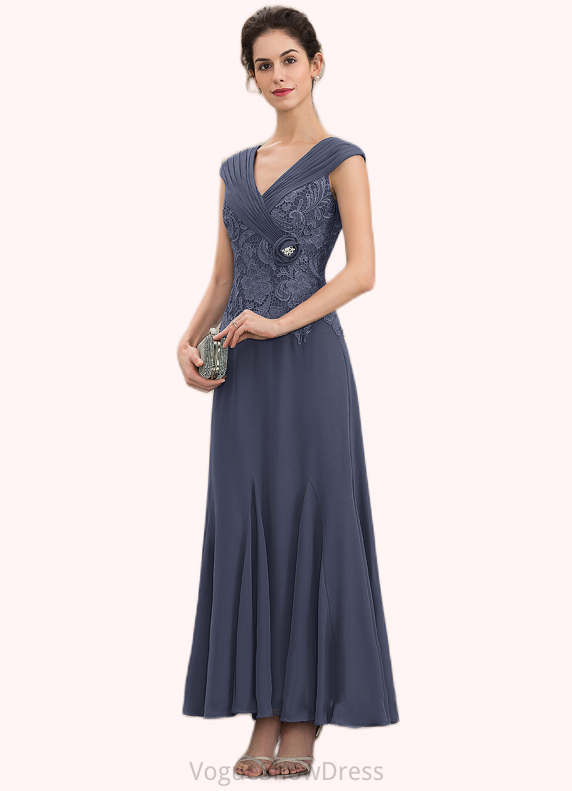 Hanna A-Line V-neck Ankle-Length Chiffon Lace Mother of the Bride Dress With Ruffle Beading DL126P0014971