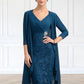 Daphne Sheath/Column V-neck Knee-Length Chiffon Lace Mother of the Bride Dress With Crystal Brooch DL126P0014972