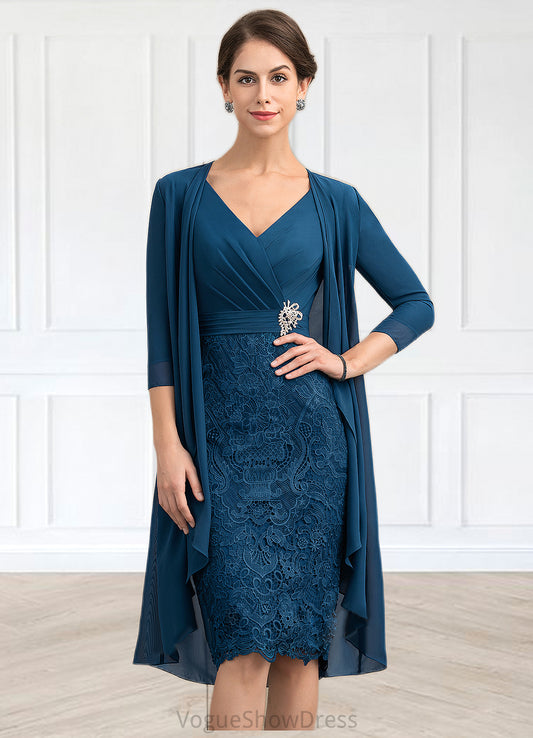 Daphne Sheath/Column V-neck Knee-Length Chiffon Lace Mother of the Bride Dress With Crystal Brooch DL126P0014972