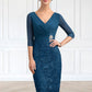 Daphne Sheath/Column V-neck Knee-Length Chiffon Lace Mother of the Bride Dress With Crystal Brooch DL126P0014972