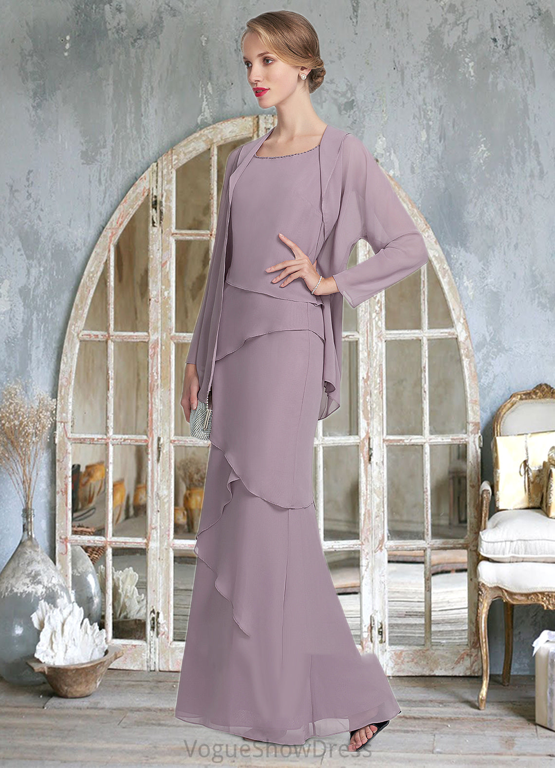 Jazlyn Sheath/Column Scoop Neck Floor-Length Chiffon Mother of the Bride Dress With Beading Cascading Ruffles DL126P0014975