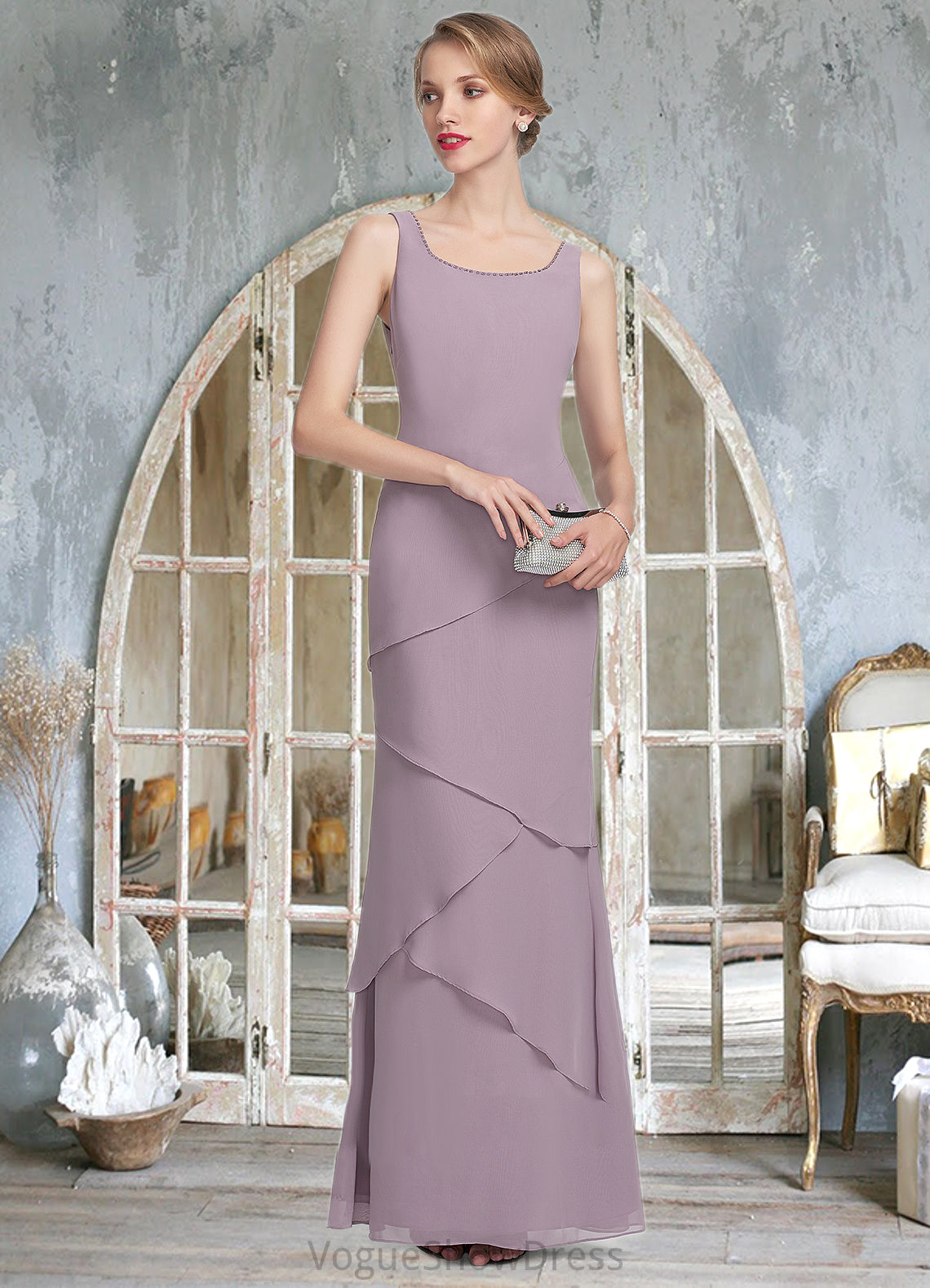 Jazlyn Sheath/Column Scoop Neck Floor-Length Chiffon Mother of the Bride Dress With Beading Cascading Ruffles DL126P0014975