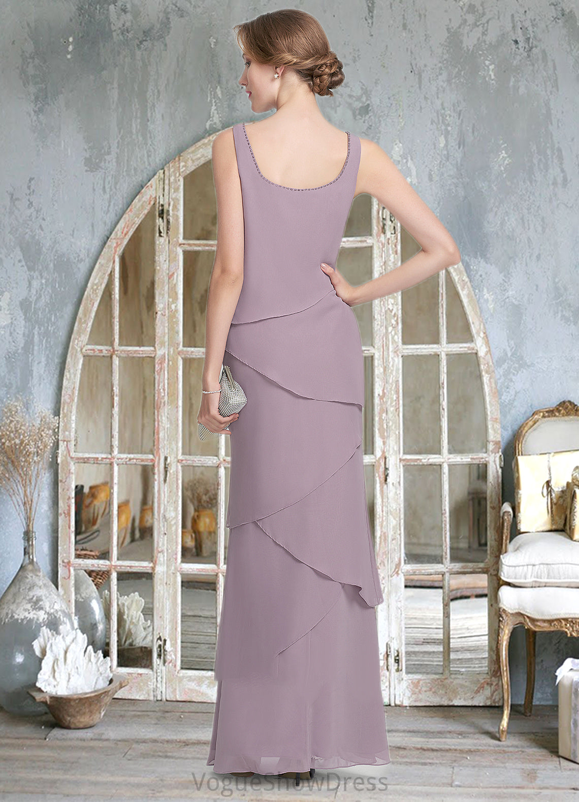 Jazlyn Sheath/Column Scoop Neck Floor-Length Chiffon Mother of the Bride Dress With Beading Cascading Ruffles DL126P0014975