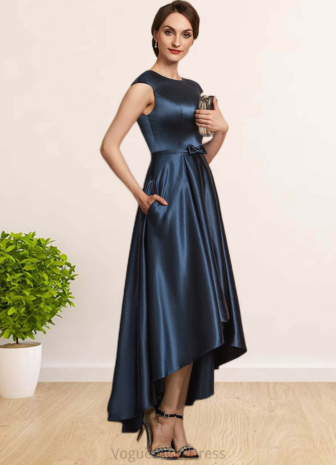 Kirsten A-Line Scoop Neck Asymmetrical Satin Mother of the Bride Dress With Bow(s) Pockets DL126P0014976