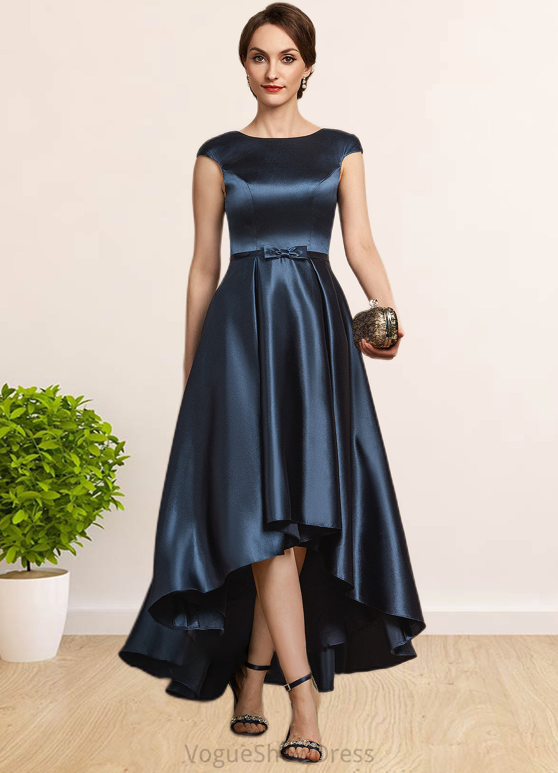 Kirsten A-Line Scoop Neck Asymmetrical Satin Mother of the Bride Dress With Bow(s) Pockets DL126P0014976