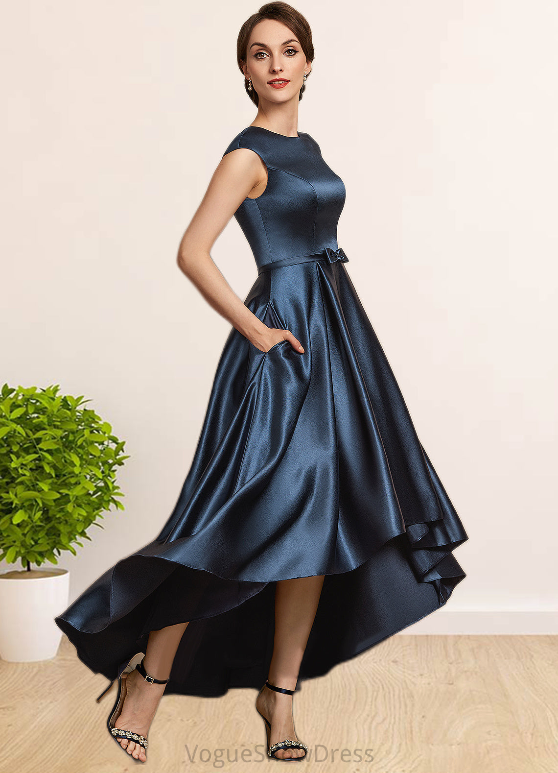 Kirsten A-Line Scoop Neck Asymmetrical Satin Mother of the Bride Dress With Bow(s) Pockets DL126P0014976