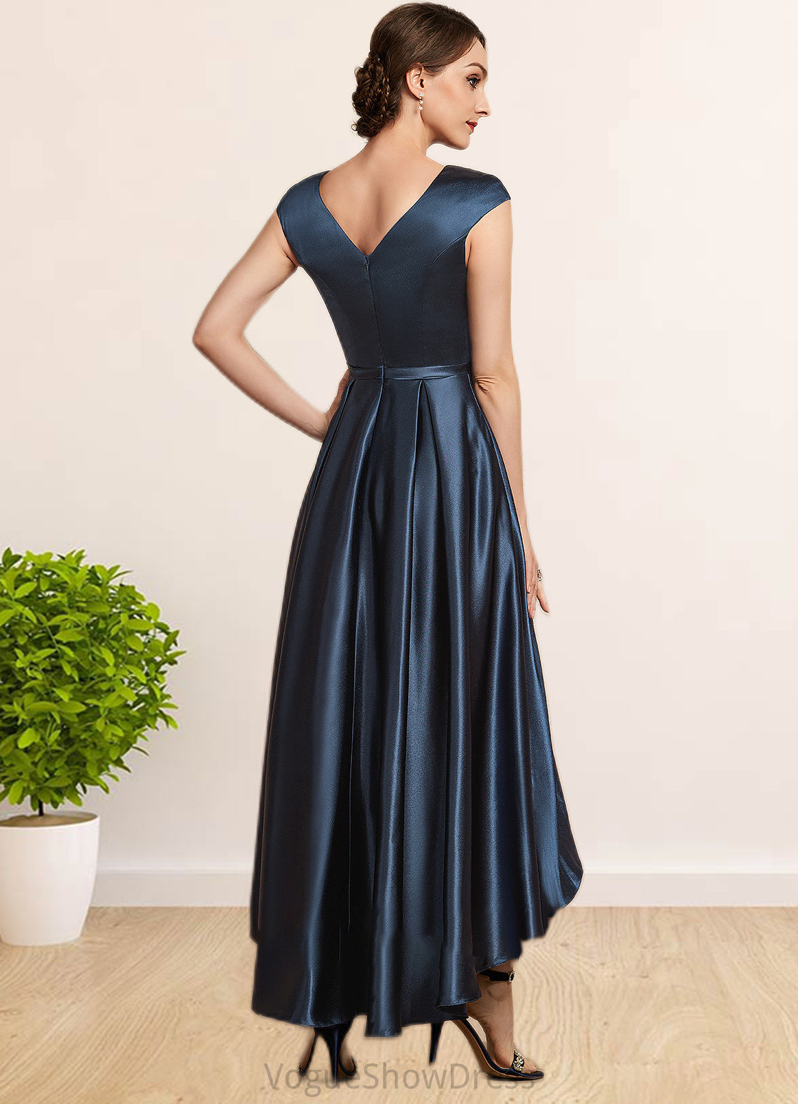 Kirsten A-Line Scoop Neck Asymmetrical Satin Mother of the Bride Dress With Bow(s) Pockets DL126P0014976