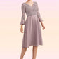 Madelynn A-Line V-neck Knee-Length Chiffon Lace Mother of the Bride Dress With Sequins Cascading Ruffles DL126P0014977