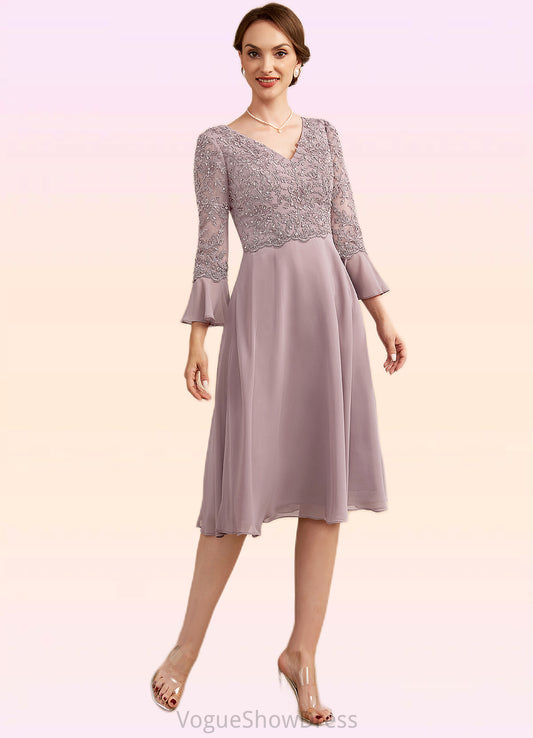 Madelynn A-Line V-neck Knee-Length Chiffon Lace Mother of the Bride Dress With Sequins Cascading Ruffles DL126P0014977