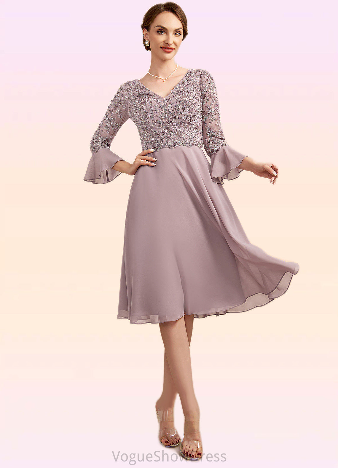 Madelynn A-Line V-neck Knee-Length Chiffon Lace Mother of the Bride Dress With Sequins Cascading Ruffles DL126P0014977