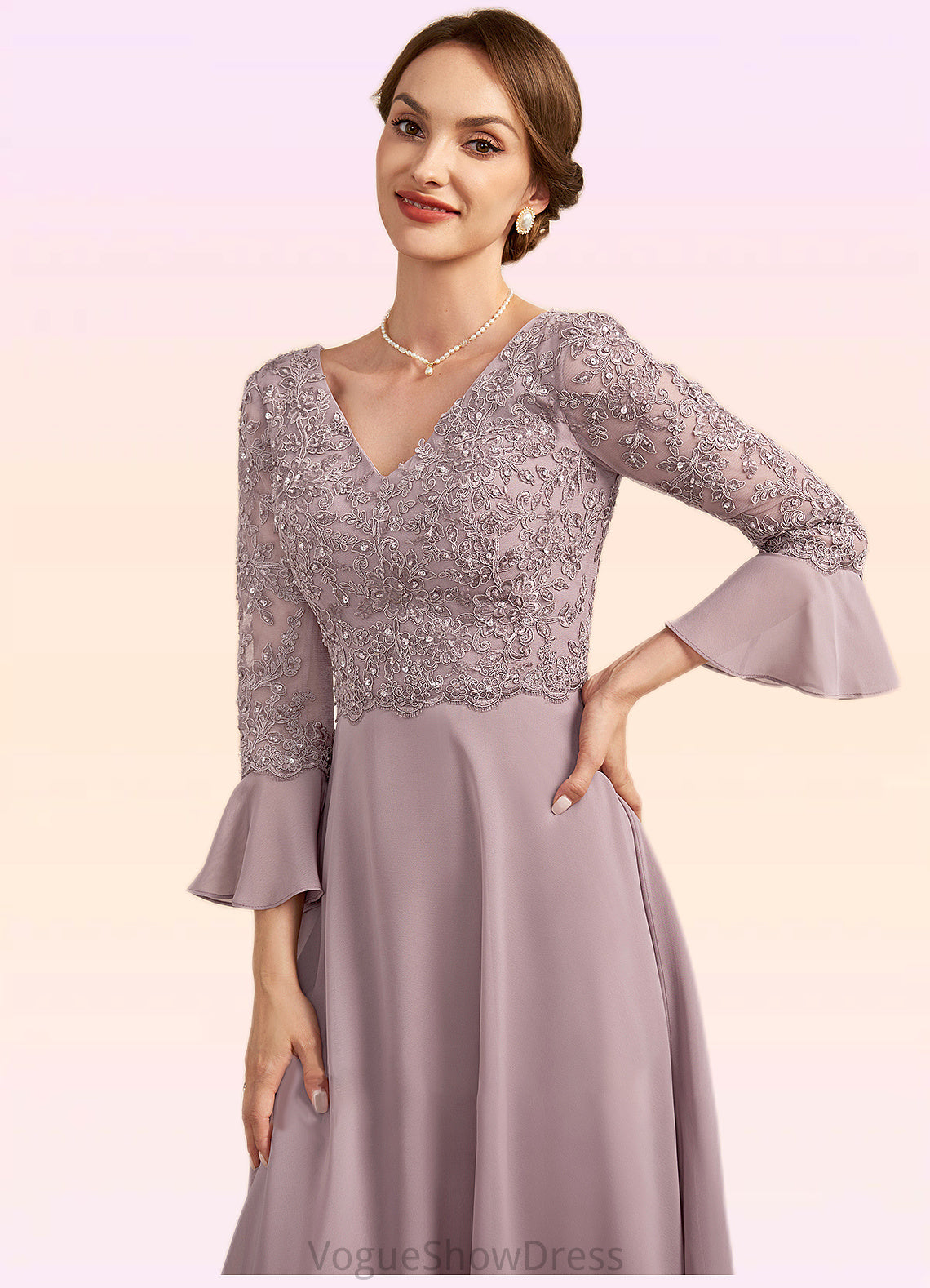 Madelynn A-Line V-neck Knee-Length Chiffon Lace Mother of the Bride Dress With Sequins Cascading Ruffles DL126P0014977