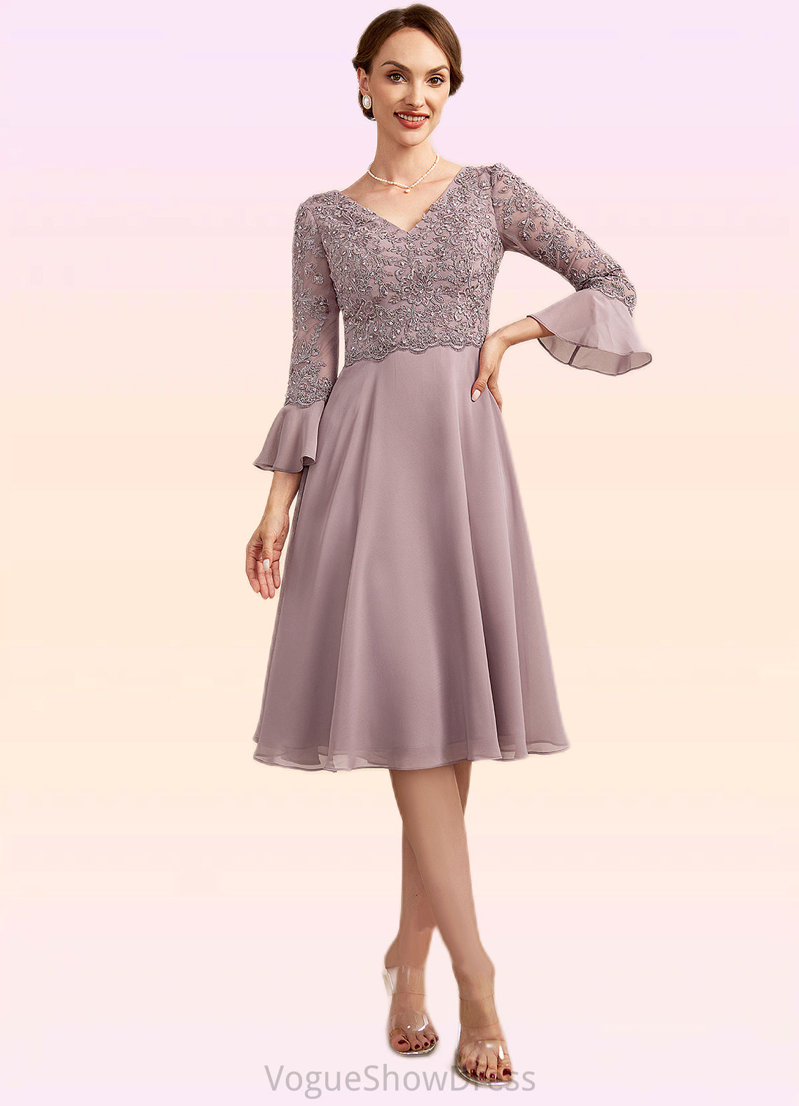 Madelynn A-Line V-neck Knee-Length Chiffon Lace Mother of the Bride Dress With Sequins Cascading Ruffles DL126P0014977