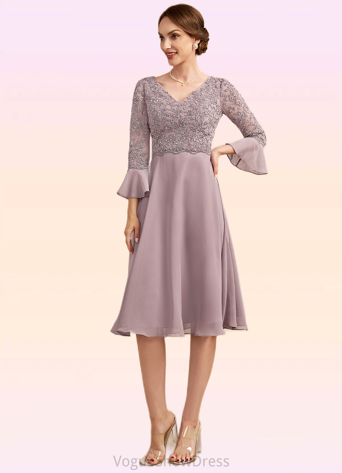 Madelynn A-Line V-neck Knee-Length Chiffon Lace Mother of the Bride Dress With Sequins Cascading Ruffles DL126P0014977