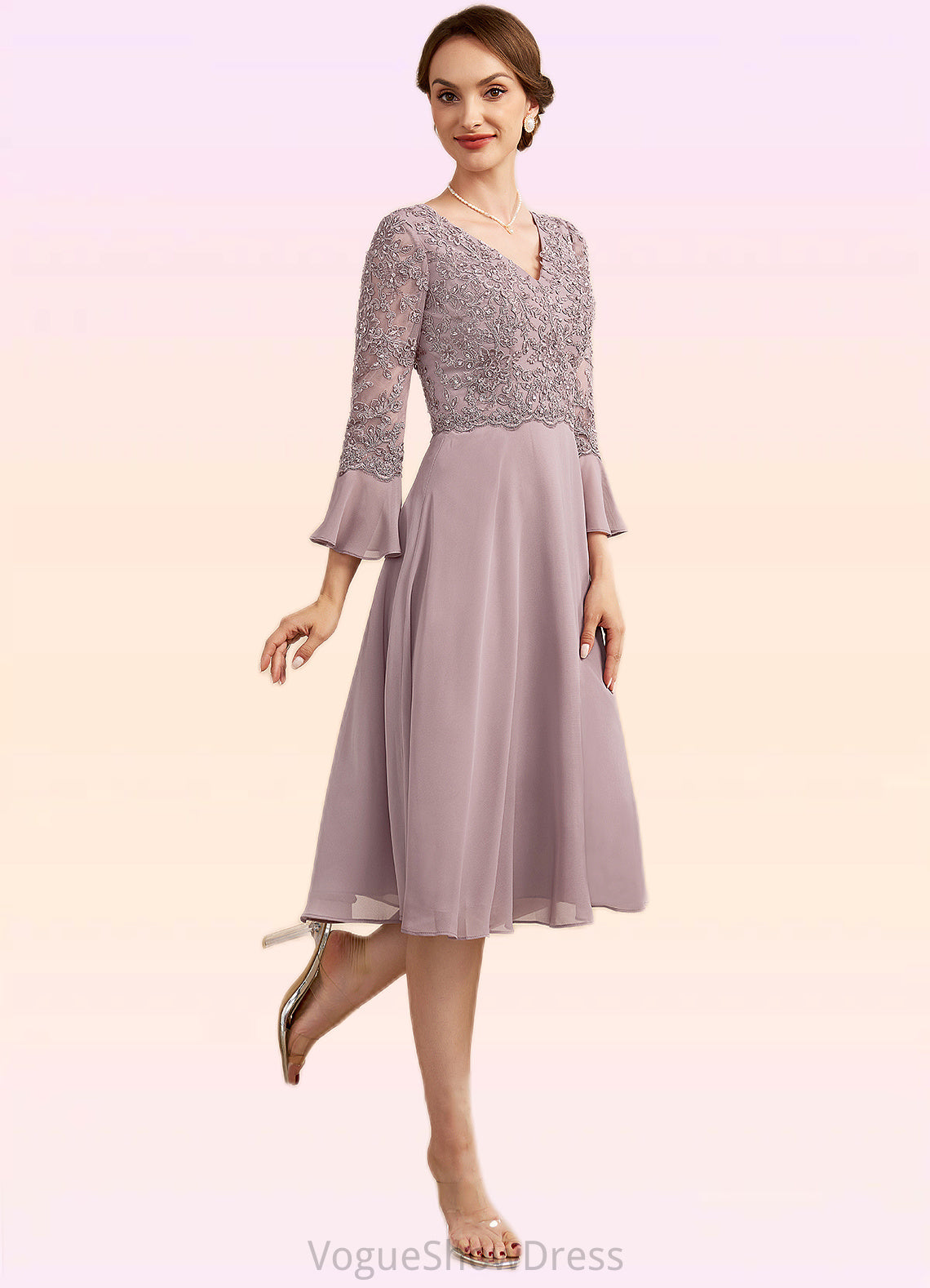 Madelynn A-Line V-neck Knee-Length Chiffon Lace Mother of the Bride Dress With Sequins Cascading Ruffles DL126P0014977