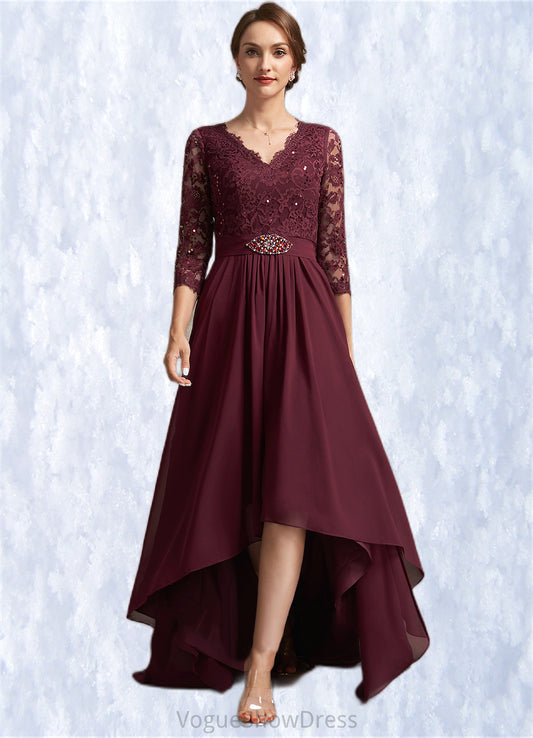 Keely A-Line V-neck Asymmetrical Chiffon Lace Mother of the Bride Dress With Beading Sequins DL126P0014980