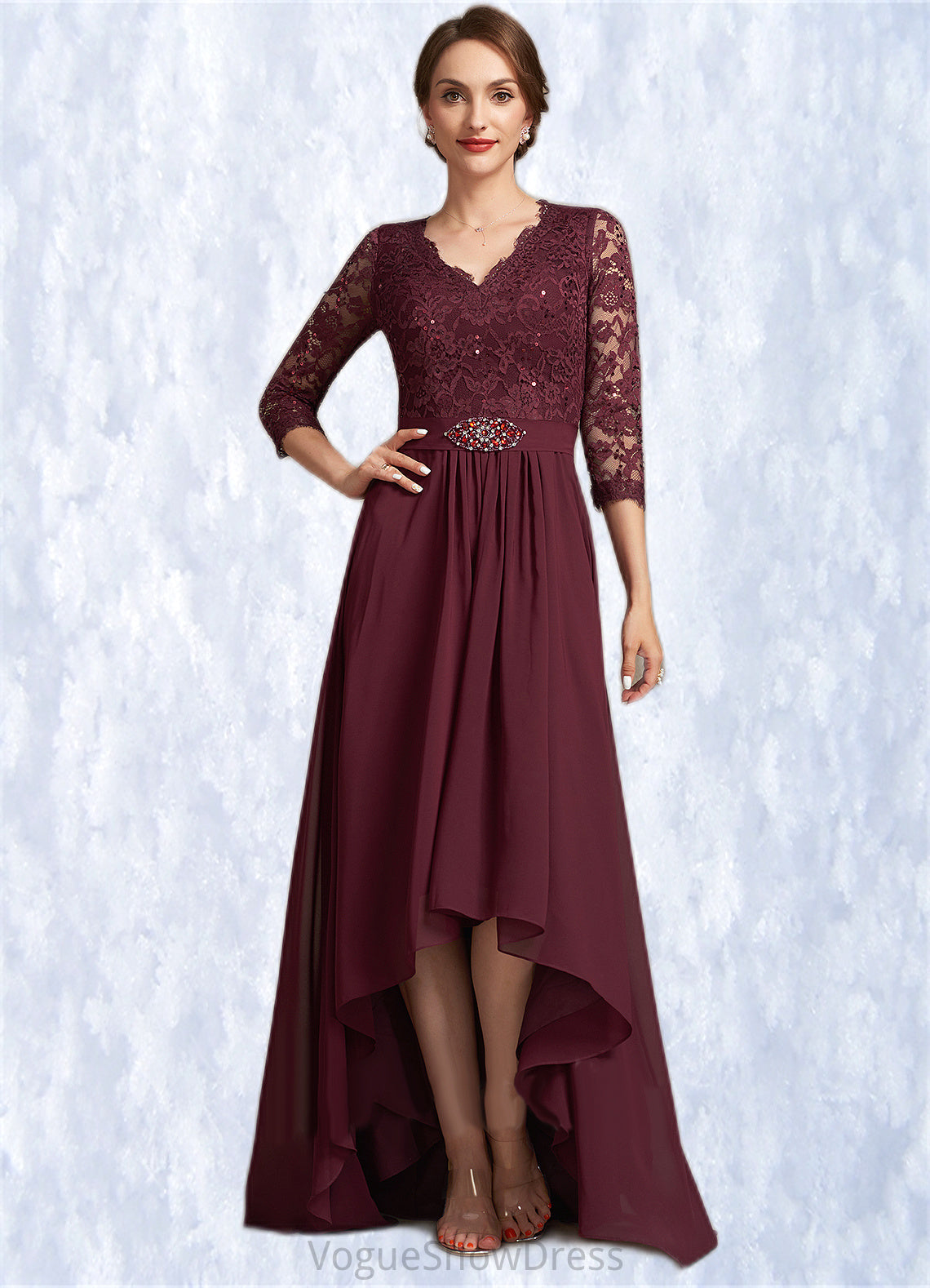 Keely A-Line V-neck Asymmetrical Chiffon Lace Mother of the Bride Dress With Beading Sequins DL126P0014980