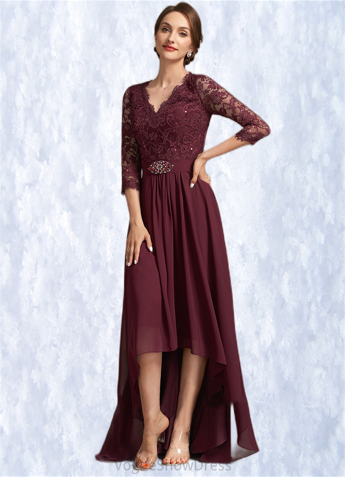 Keely A-Line V-neck Asymmetrical Chiffon Lace Mother of the Bride Dress With Beading Sequins DL126P0014980