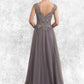 Alejandra A-Line/Princess V-neck Floor-Length Tulle Lace Mother of the Bride Dress With Sequins DL126P0014985