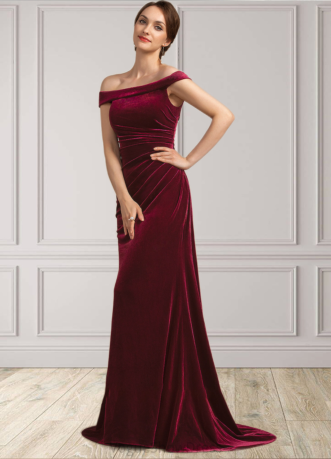 Delilah Trumpet/Mermaid Off-the-Shoulder Sweep Train Velvet Mother of the Bride Dress With Ruffle DL126P0014988