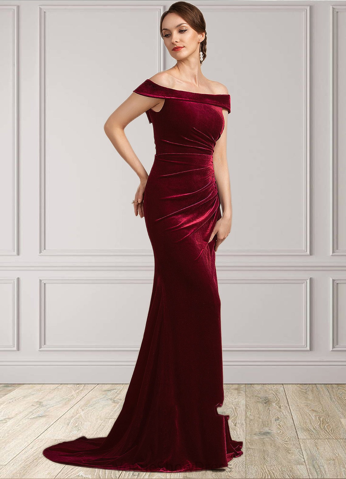 Delilah Trumpet/Mermaid Off-the-Shoulder Sweep Train Velvet Mother of the Bride Dress With Ruffle DL126P0014988