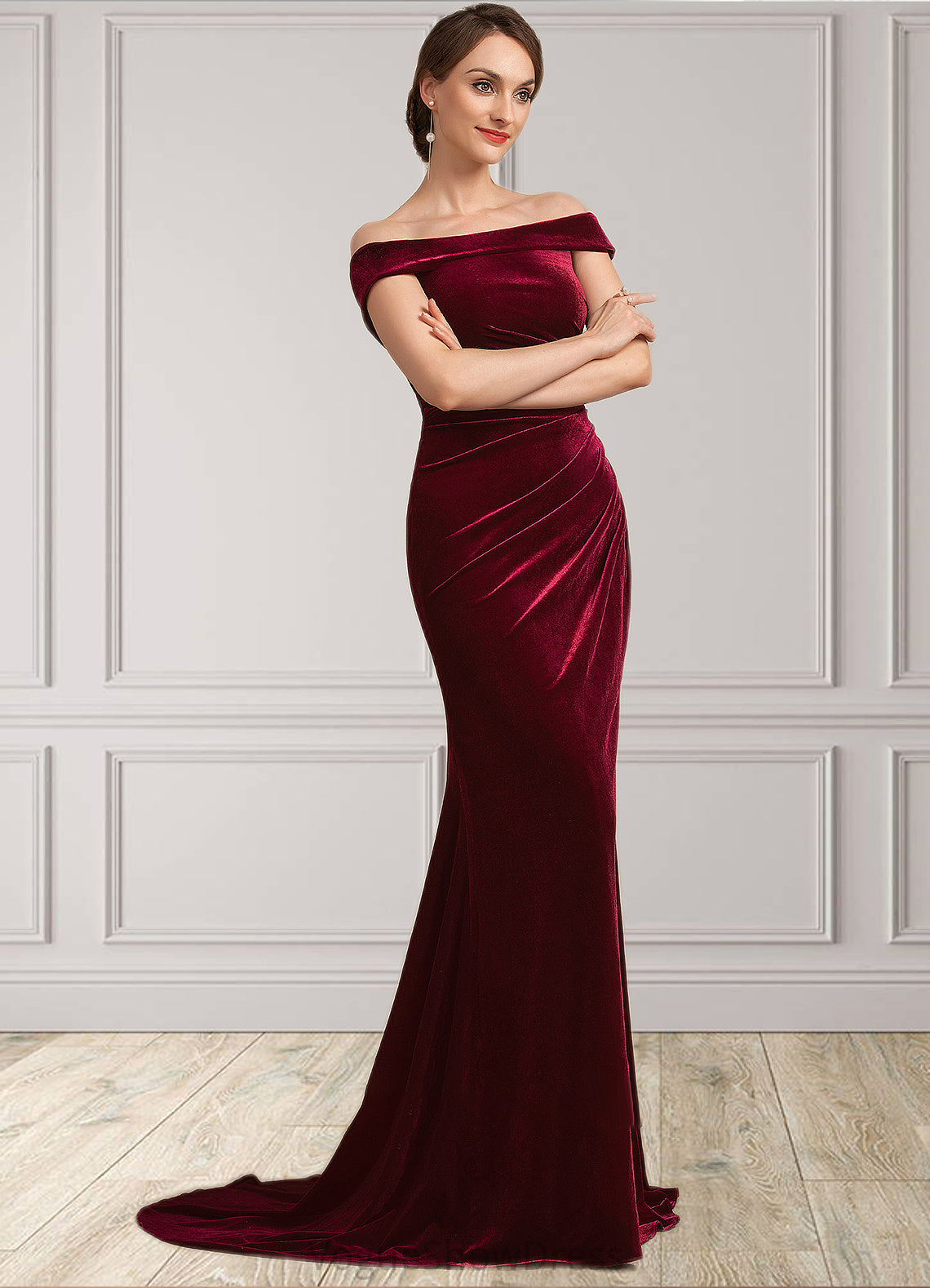 Delilah Trumpet/Mermaid Off-the-Shoulder Sweep Train Velvet Mother of the Bride Dress With Ruffle DL126P0014988