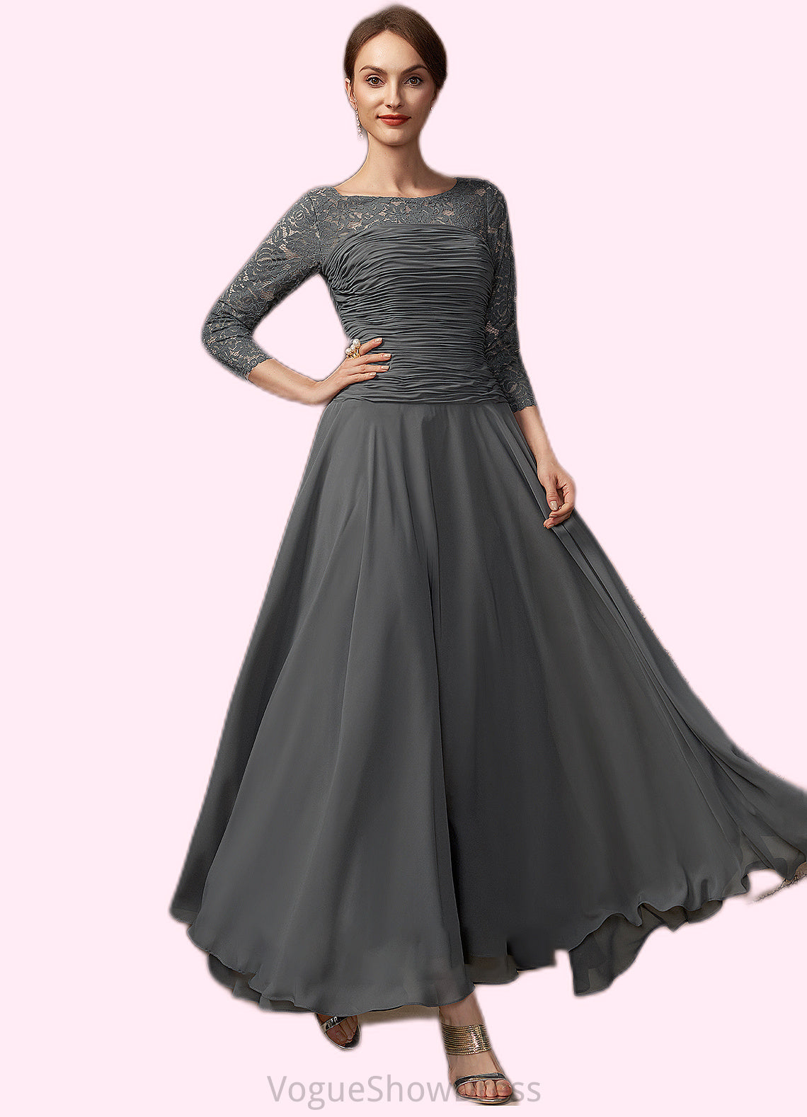 Hortensia A-Line Scoop Neck Ankle-Length Chiffon Lace Mother of the Bride Dress With Ruffle DL126P0014990