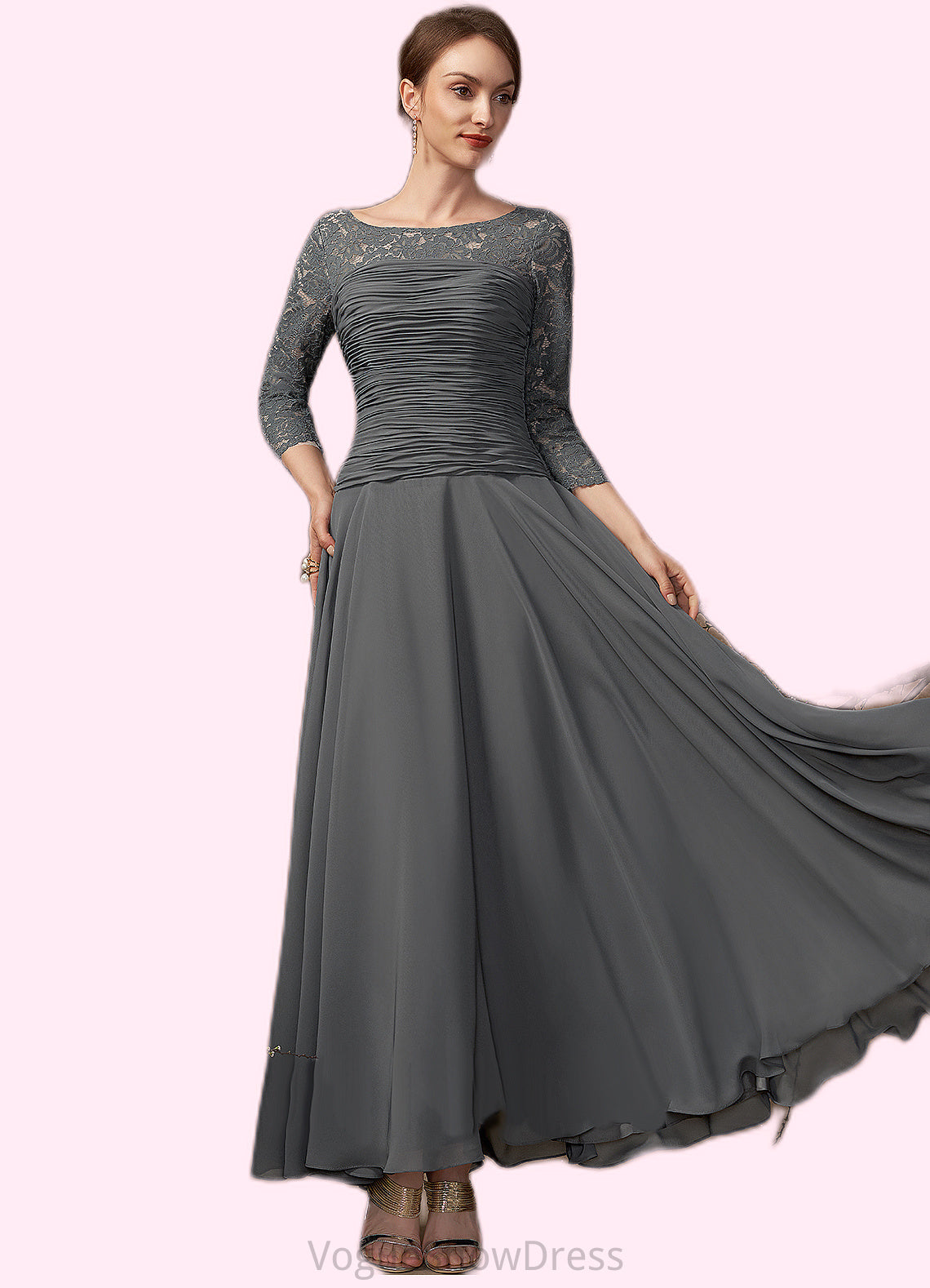 Hortensia A-Line Scoop Neck Ankle-Length Chiffon Lace Mother of the Bride Dress With Ruffle DL126P0014990