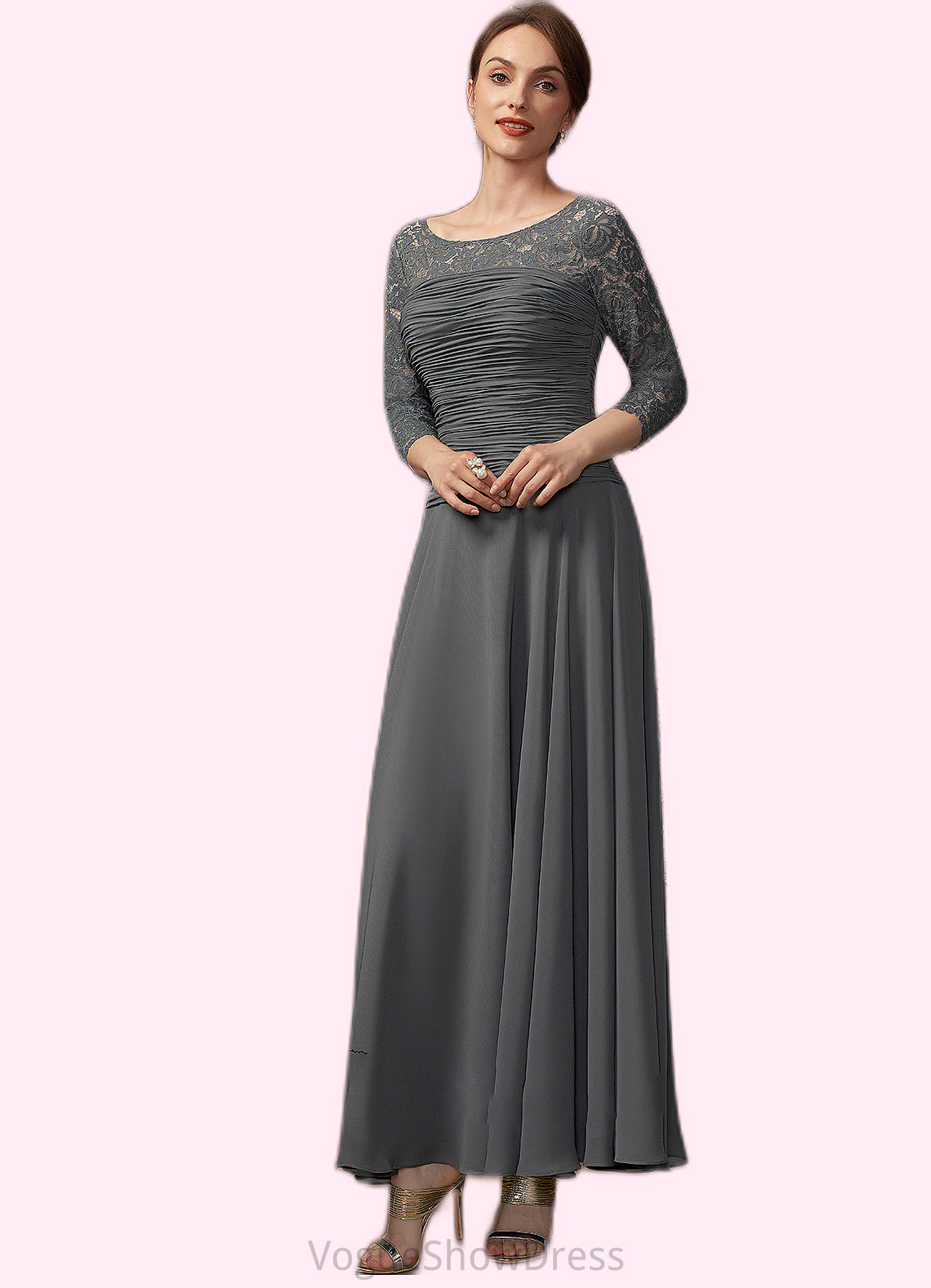 Hortensia A-Line Scoop Neck Ankle-Length Chiffon Lace Mother of the Bride Dress With Ruffle DL126P0014990