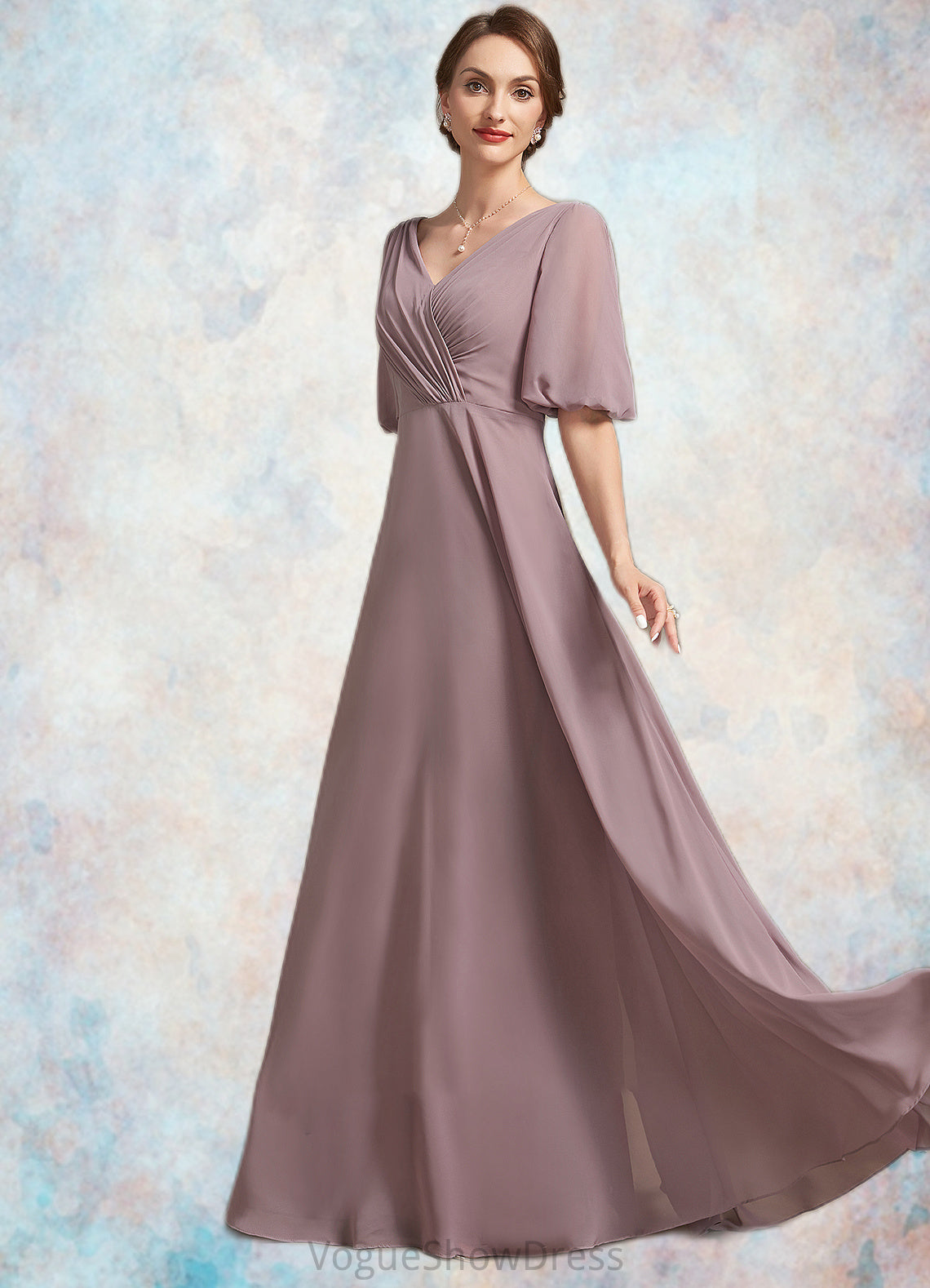 Sam A-Line V-neck Floor-Length Chiffon Mother of the Bride Dress With Ruffle DL126P0014992