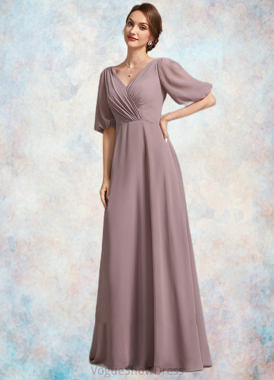 Sam A-Line V-neck Floor-Length Chiffon Mother of the Bride Dress With Ruffle DL126P0014992