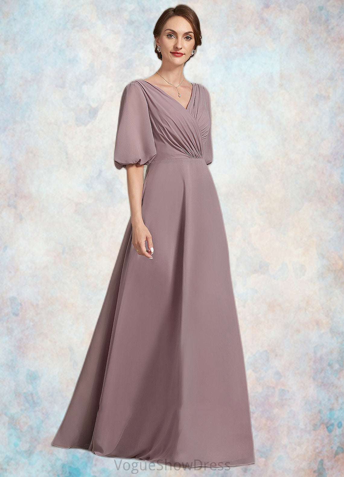 Sam A-Line V-neck Floor-Length Chiffon Mother of the Bride Dress With Ruffle DL126P0014992