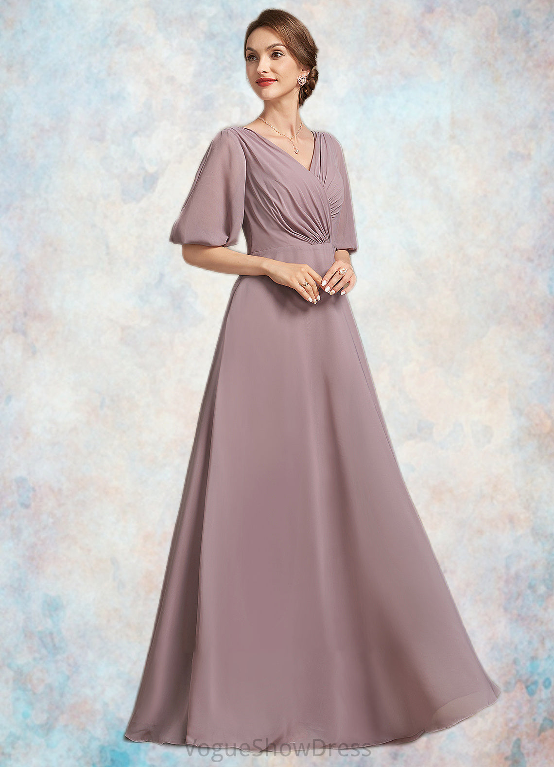 Sam A-Line V-neck Floor-Length Chiffon Mother of the Bride Dress With Ruffle DL126P0014992