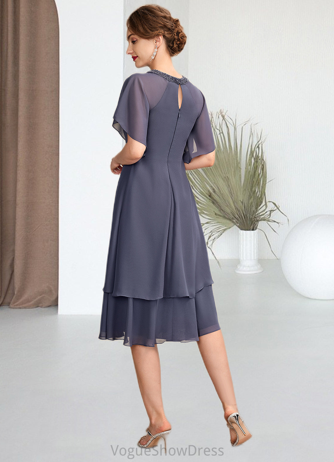 Eloise A-Line Scoop Neck Knee-Length Chiffon Mother of the Bride Dress With Beading Sequins Cascading Ruffles DL126P0014993