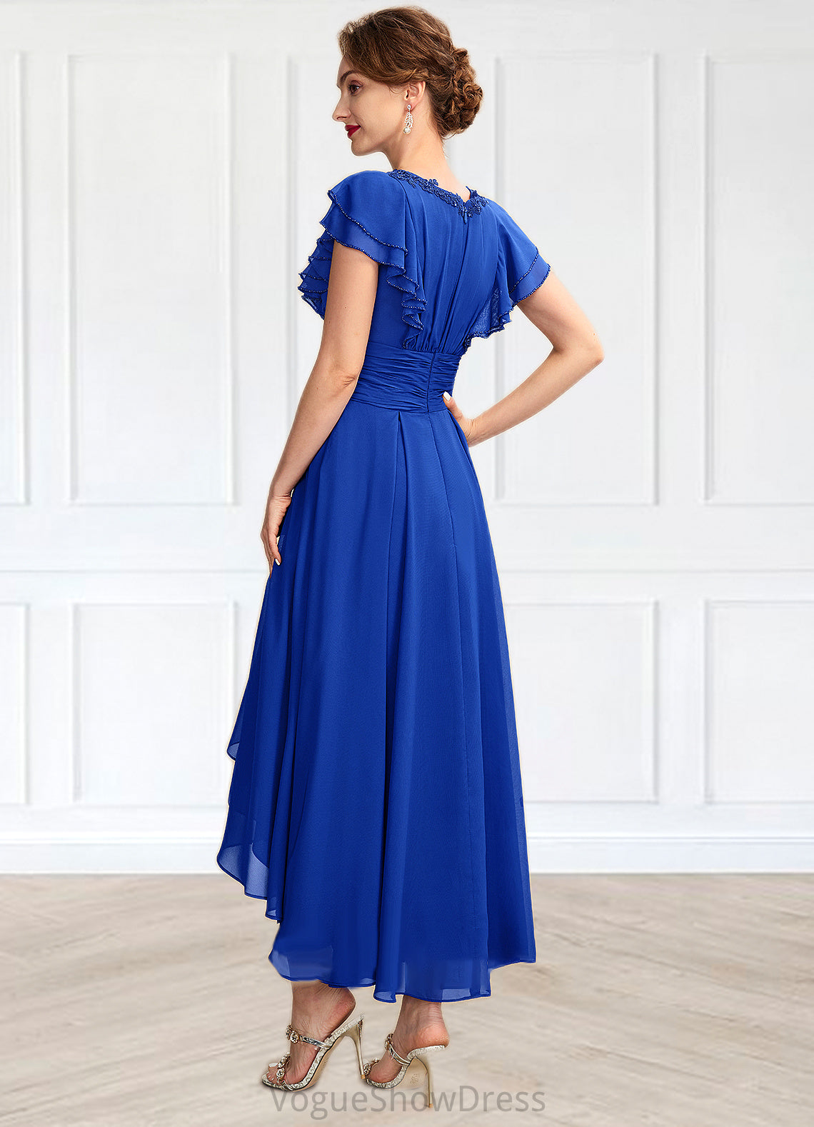 Lacey A-Line V-neck Asymmetrical Chiffon Mother of the Bride Dress With Beading Appliques Lace Sequins Cascading Ruffles DL126P0014994