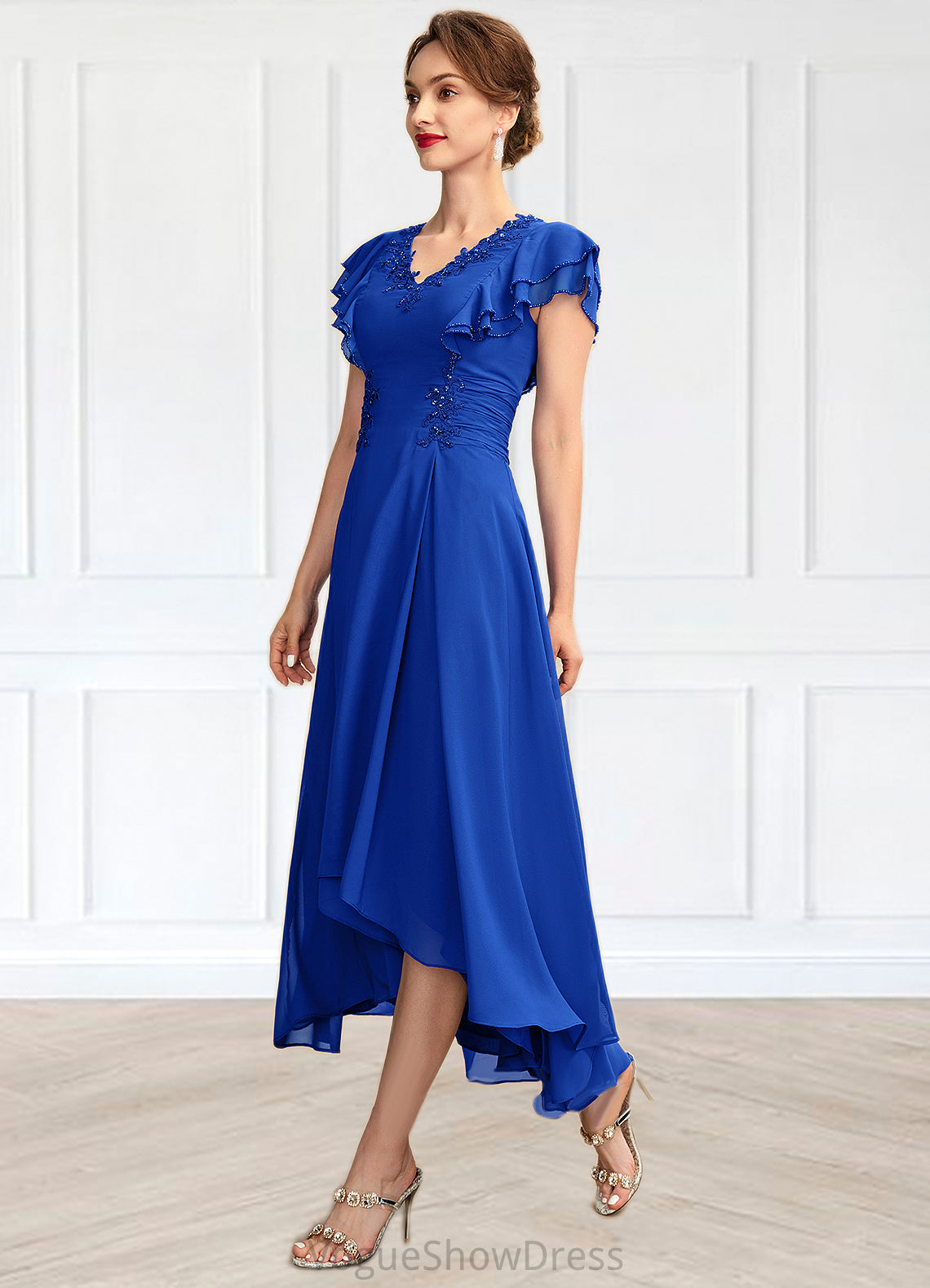 Lacey A-Line V-neck Asymmetrical Chiffon Mother of the Bride Dress With Beading Appliques Lace Sequins Cascading Ruffles DL126P0014994